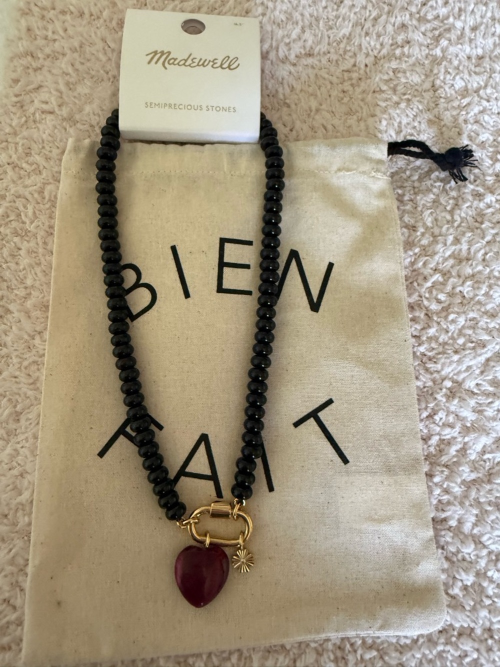 Madewell Black Beaded Necklace with Red Heart Pendant